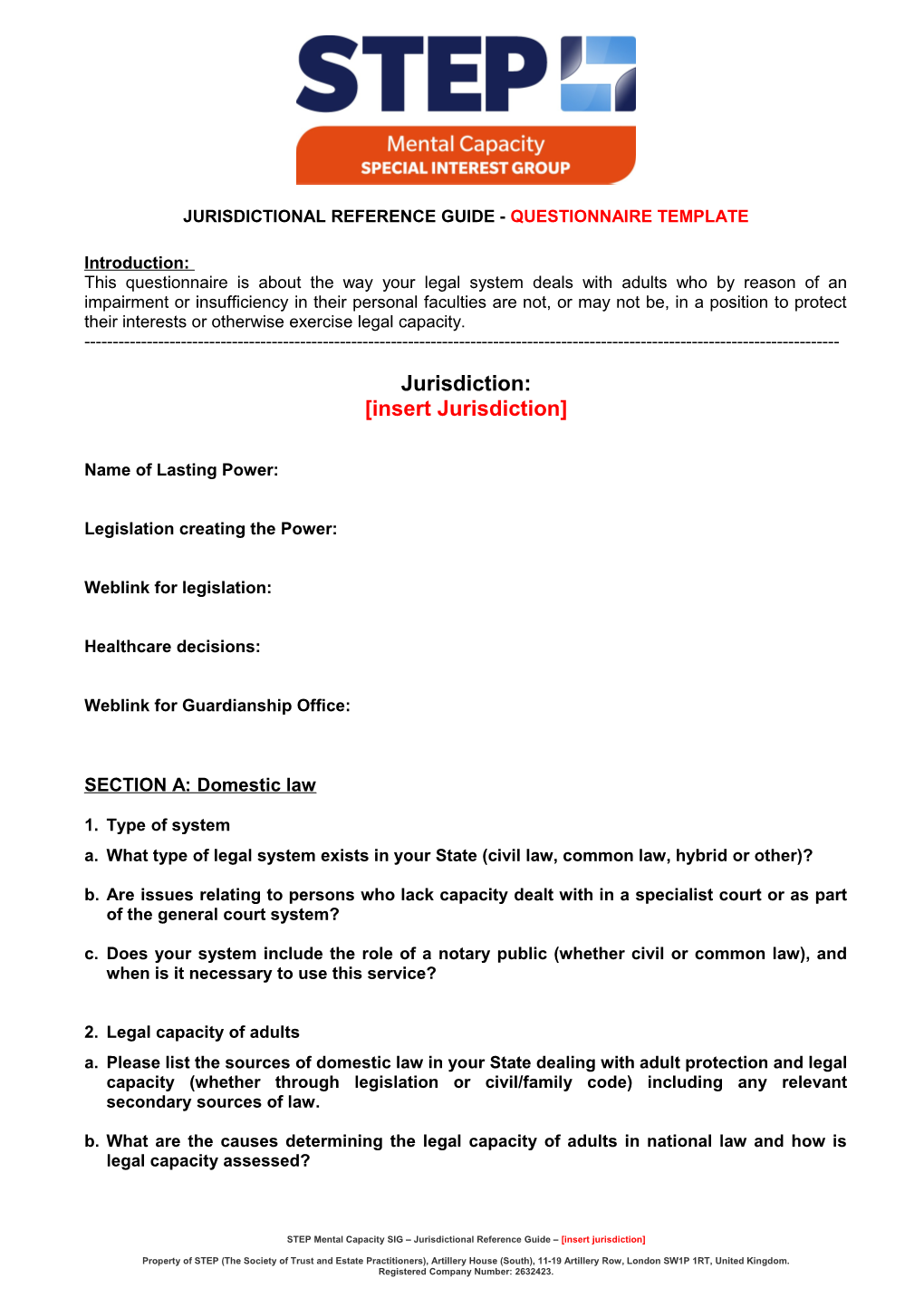Jurisdictional Reference Guide -Questionnaire Template