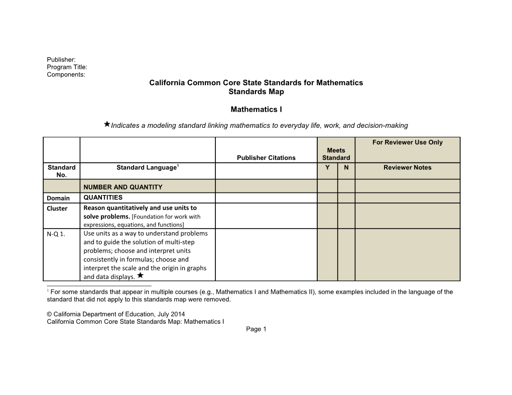 Mathematics I Standards Map - Instructional Materials (CA Dept of Education)