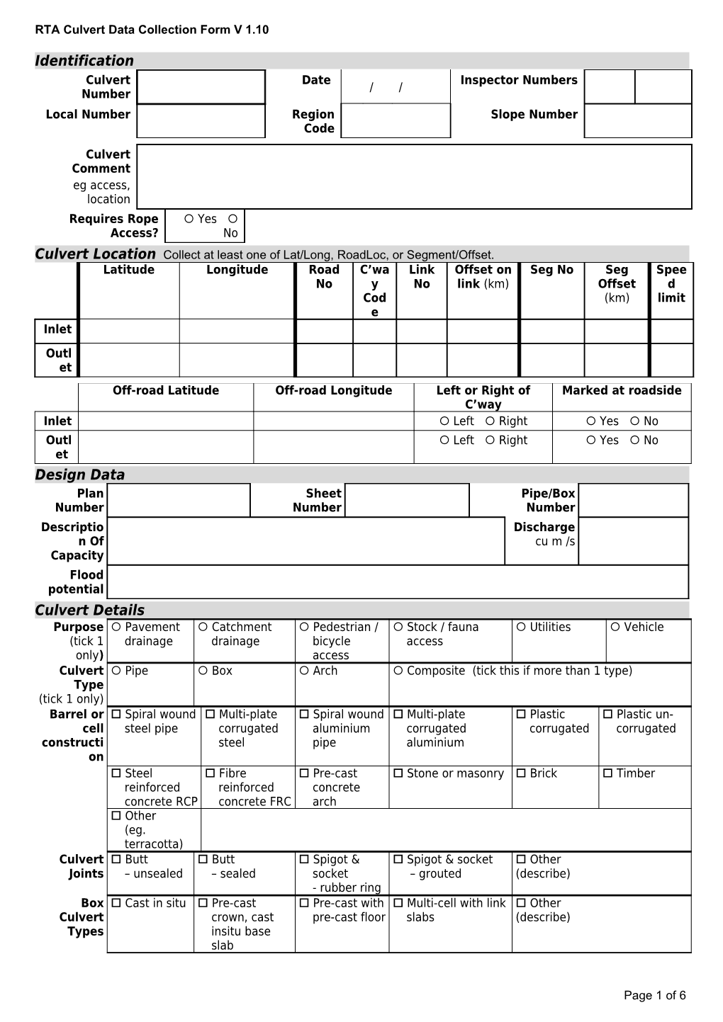 Culvert Data Collection Form