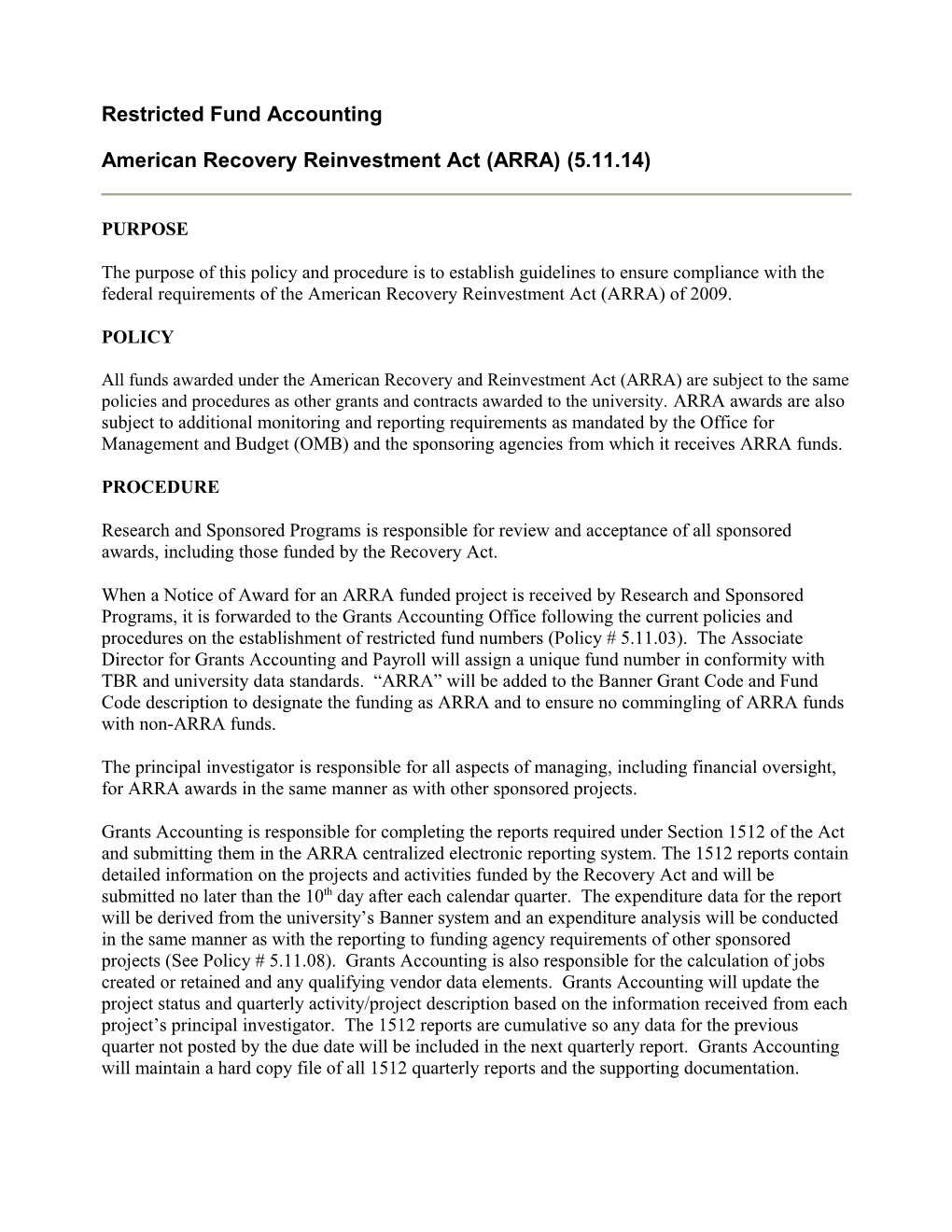 American Recovery Reinvestment Act (ARRA) (5.11.14)