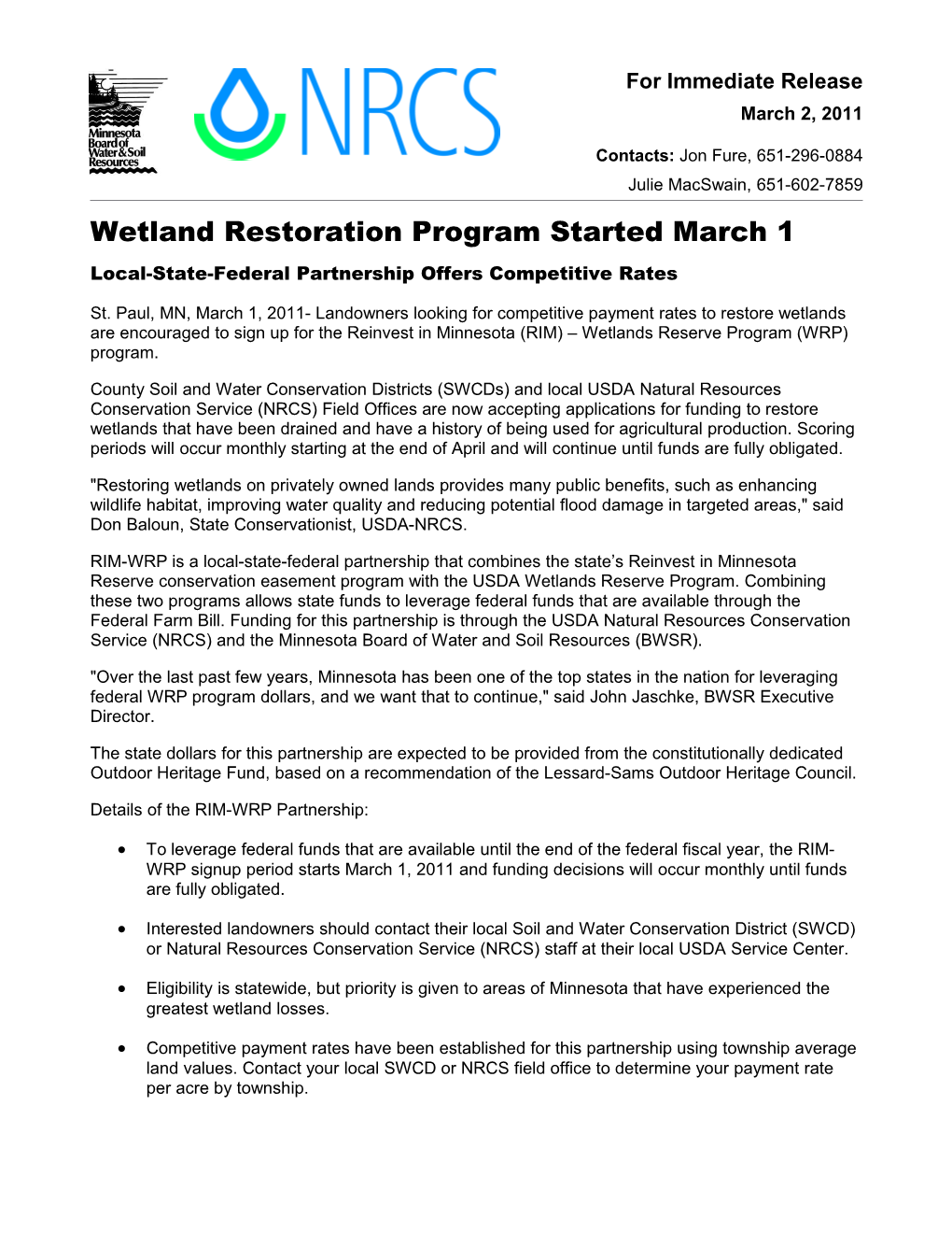 Wetland Restoration Opportunity Through USDA and BWSR