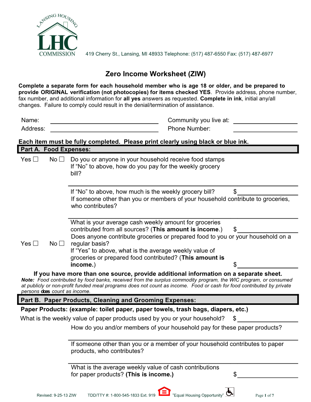 Zero Income Worksheet (ZIW)