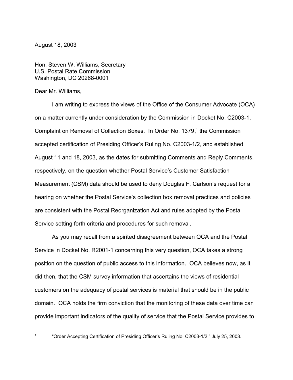 OCA Letter Concerning Complaint On