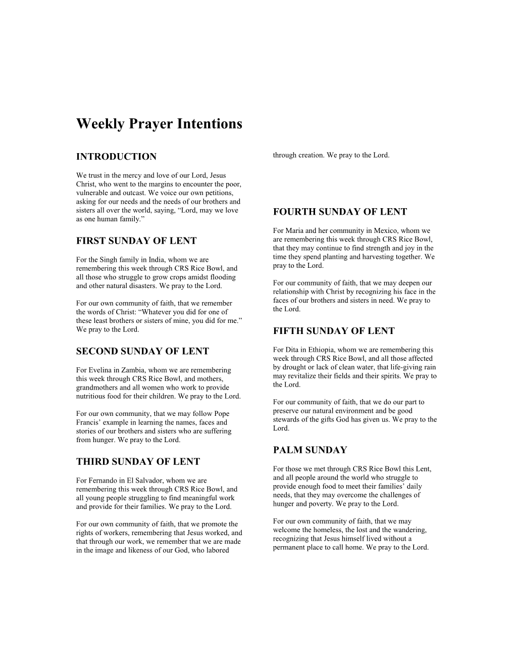 Weekly Prayer Intentions