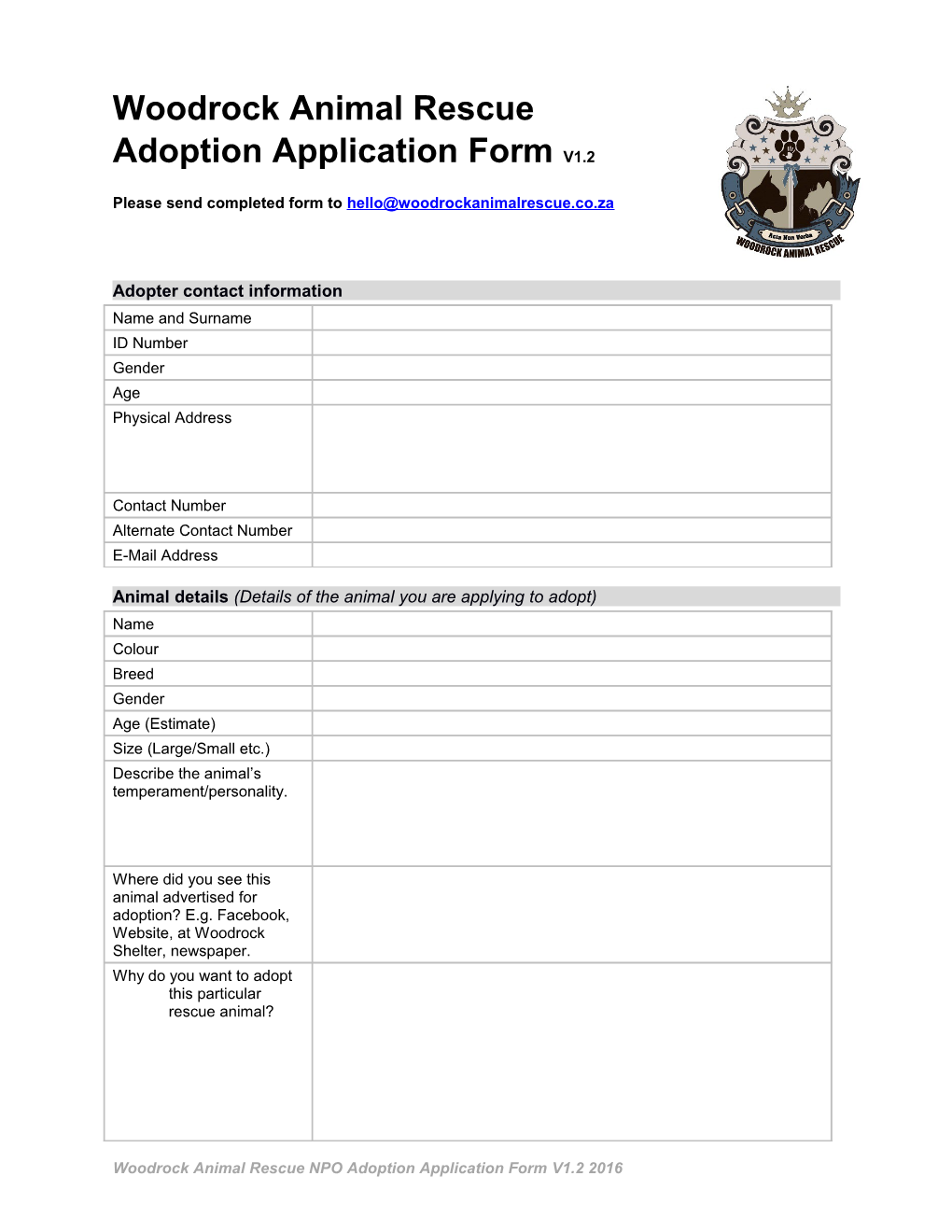Animal Details (Details of the Animal You Are Applying to Adopt)