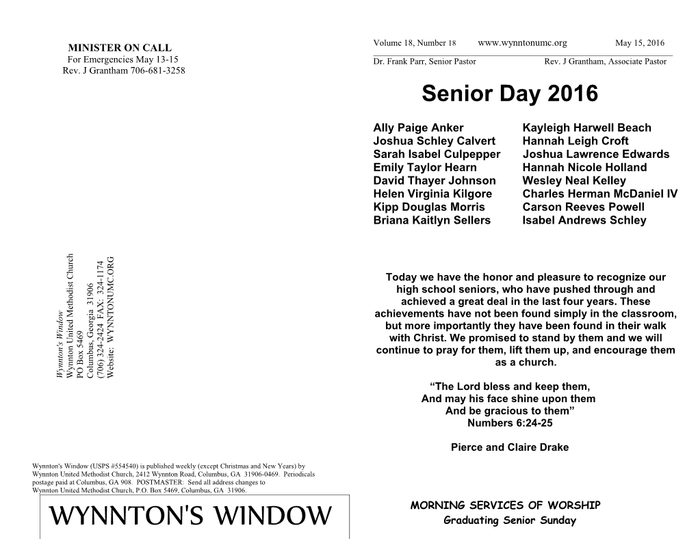 Wynnton's Window (USPS #554540) Is Published Weekly (Except Christmas and New Years) By