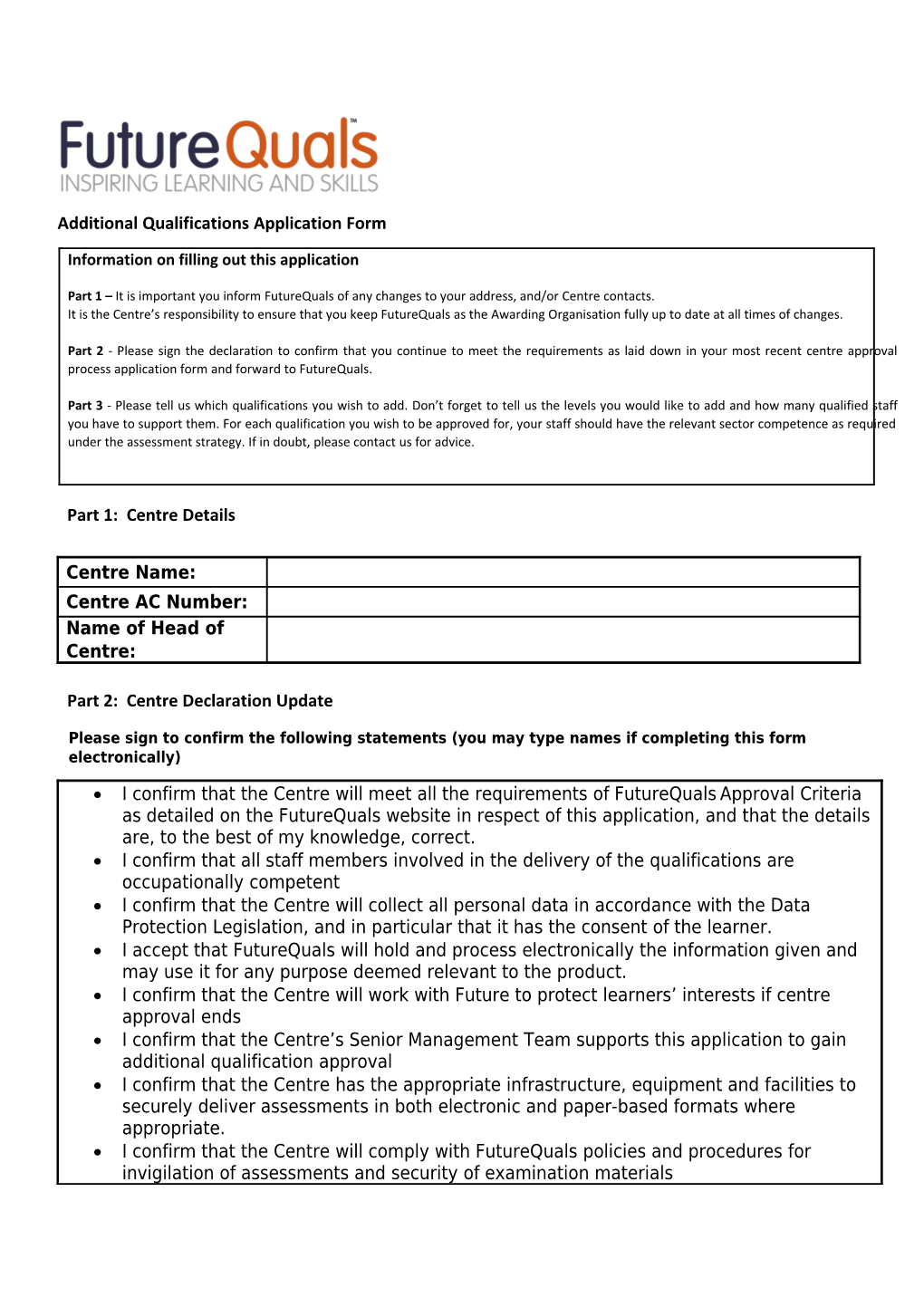 Additional Qualifications Application Form