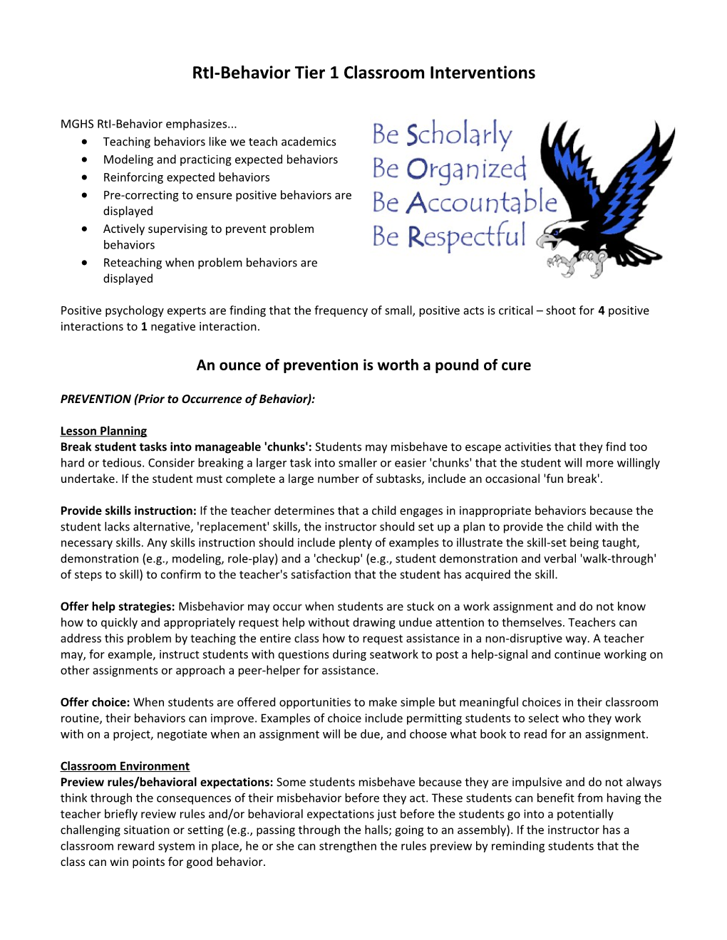 Rti-Behavior Tier 1 Classroom Interventions