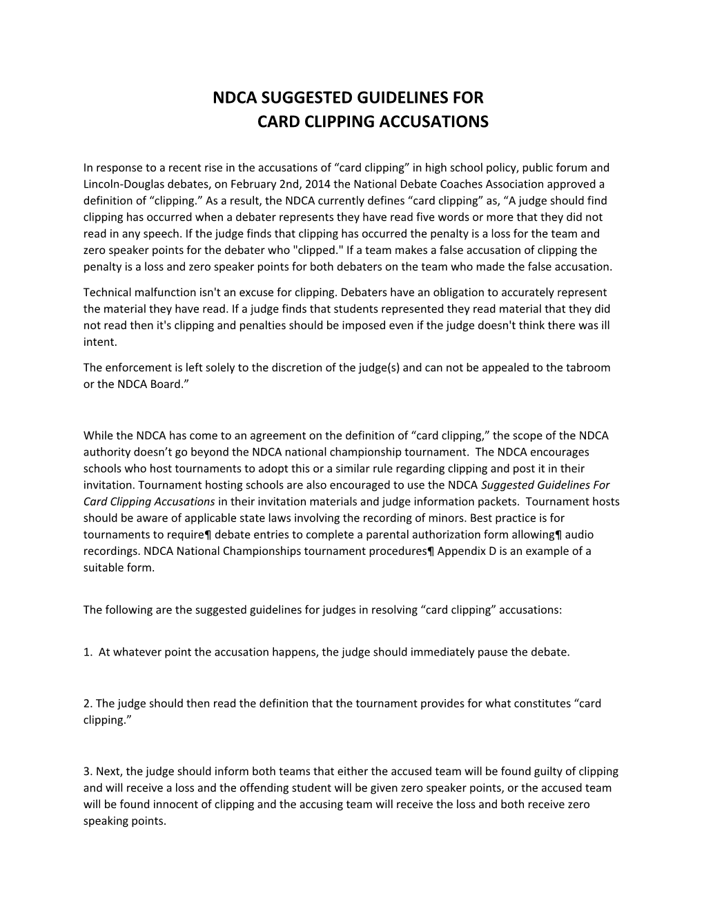 NDCA Suggested Guidelines for Card Clipping Accusations