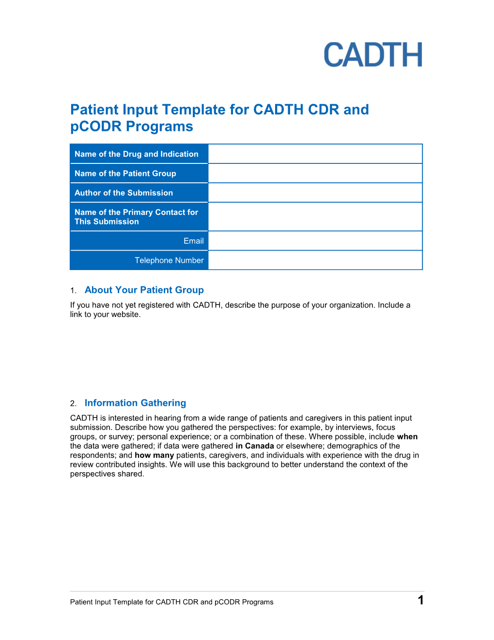 Patient Input Template Forcadth CDR and Pcodr Programs