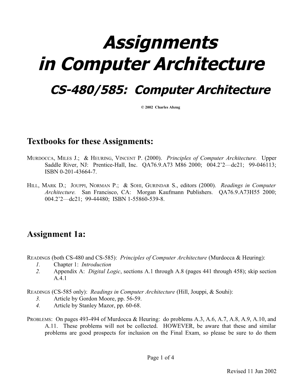 CS-480/585 Assignments: Computer Architecture