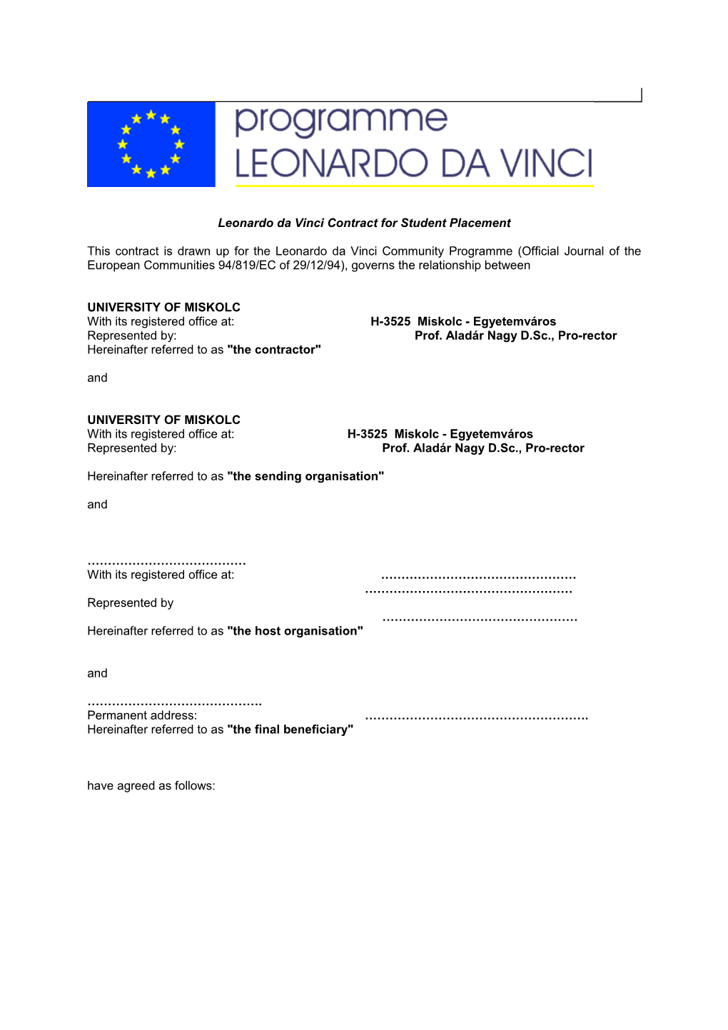 Leonardo Da Vinci Contract for Student Placement