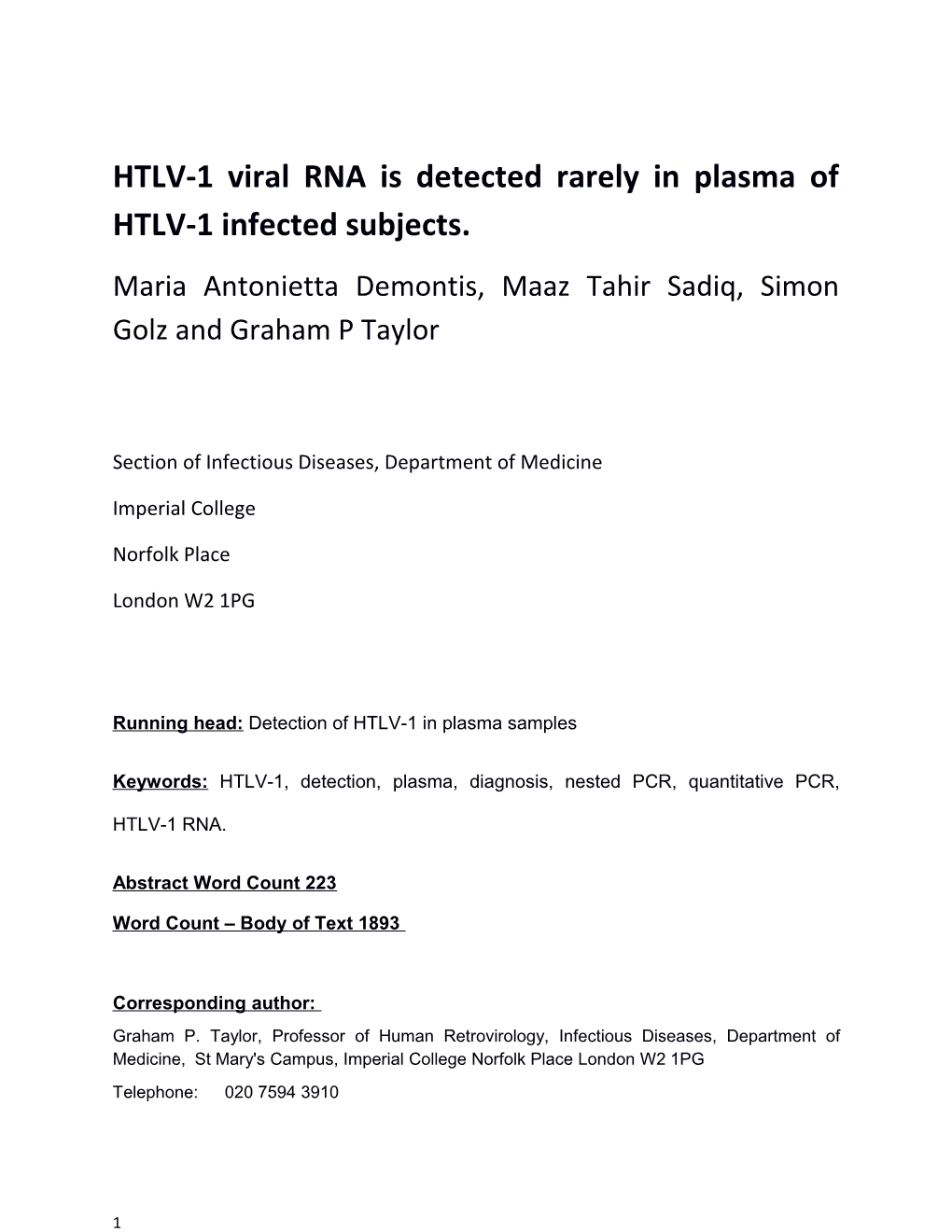Detection of HTLV-1 RNA in Plasma
