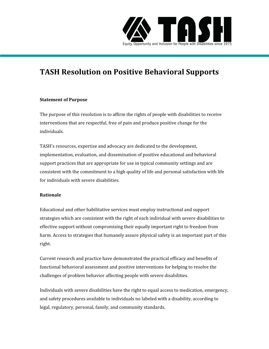 TASH Resolution on Positive Behavioral Supports