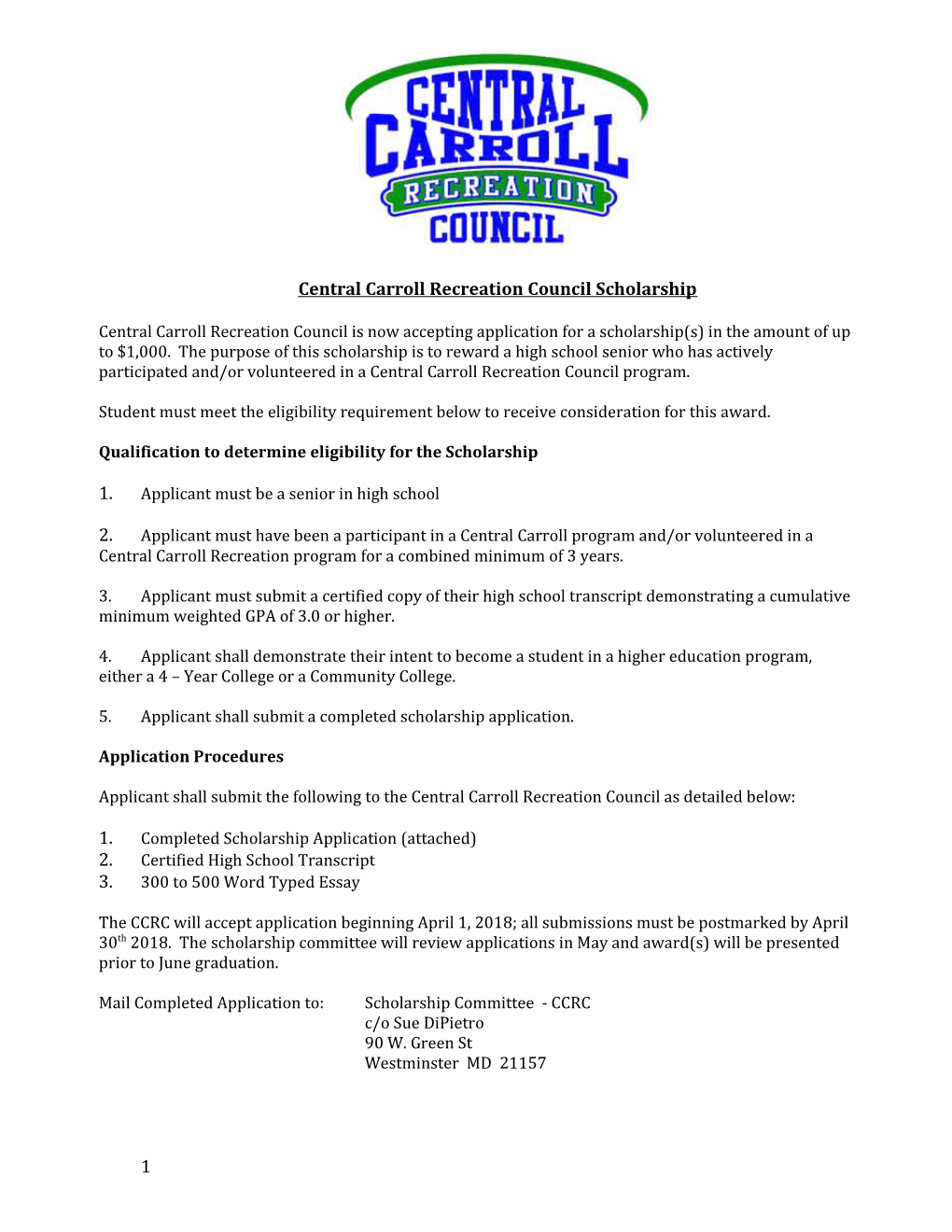 Central Carroll Recreation Council Scholarship