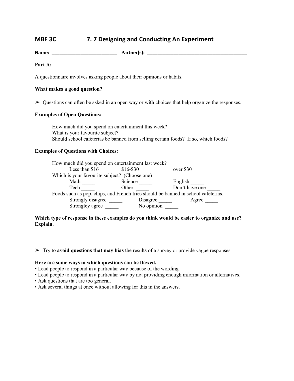 MBF 3C7. 7 Designing and Conducting an Experiment