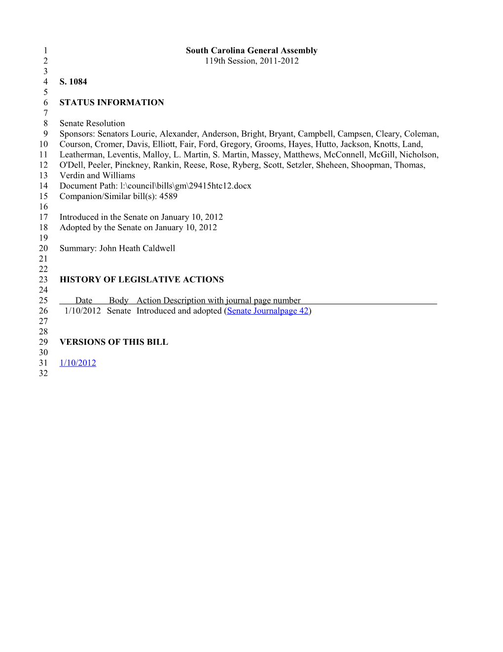 2011-2012 Bill 1084: John Heath Caldwell - South Carolina Legislature Online