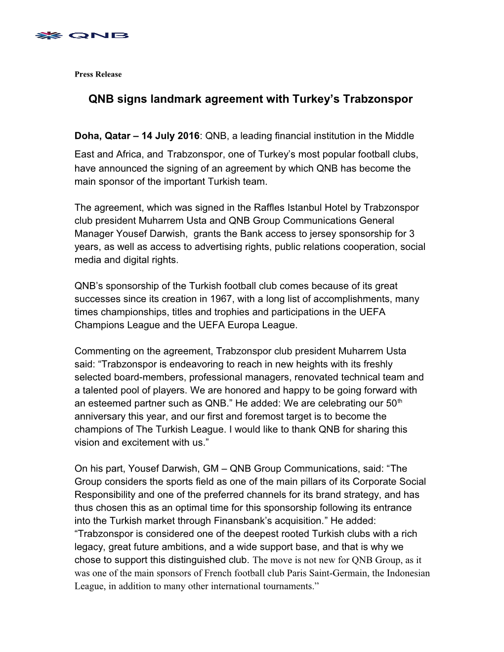 QNB Signs Landmark Agreement with Turkey Strabzonspor