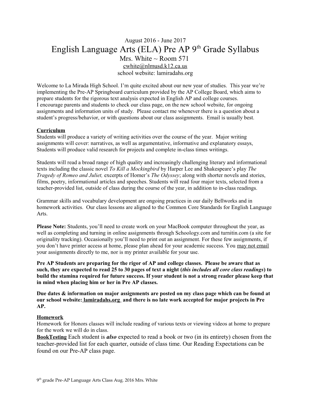 English Language Arts (ELA) Pre AP 9Th Grade Syllabus