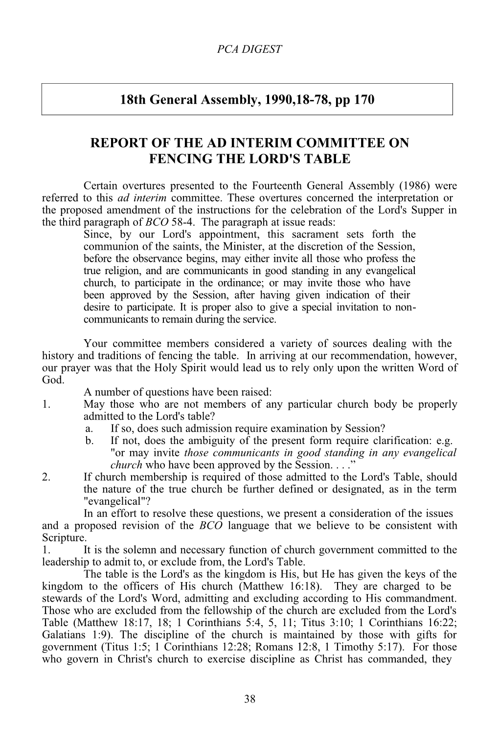 Report of the Ad Interim Committee on Fencing the Lord's Table