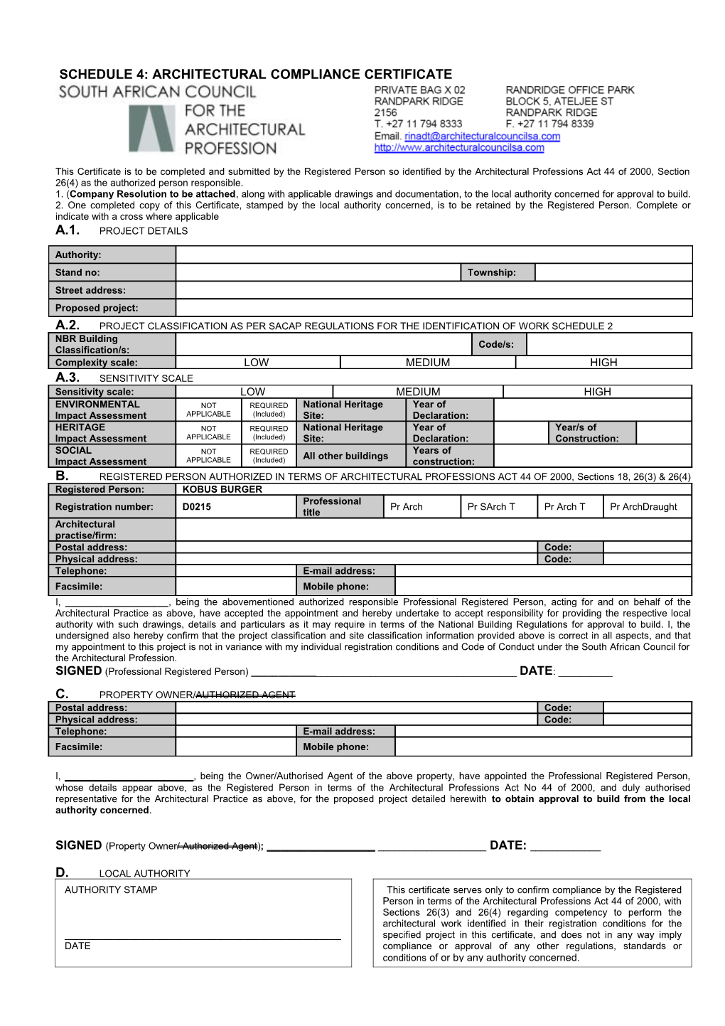 Schedule 4: Architectural Compliance Certificate