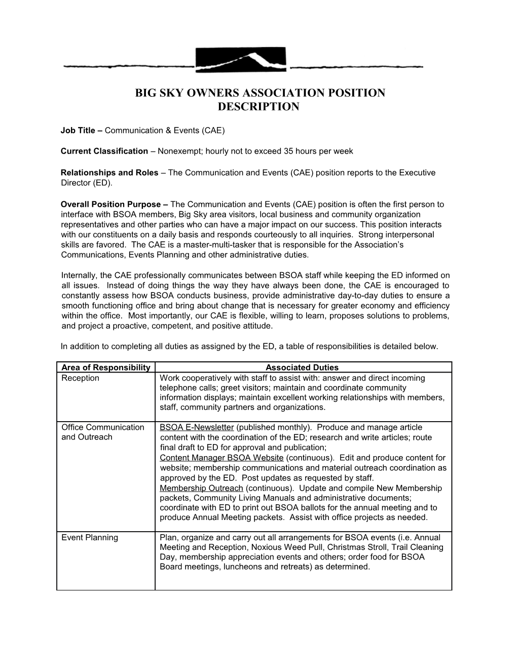 Big Sky Owners Association Position Description