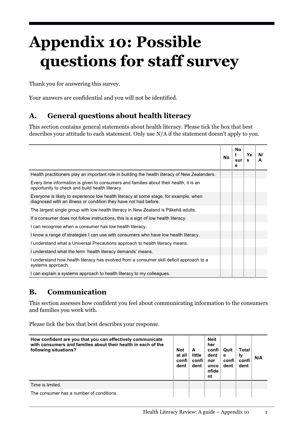 Health Literacy Review: a Guide: Appendix 10: Possible Questions for Staff Survey
