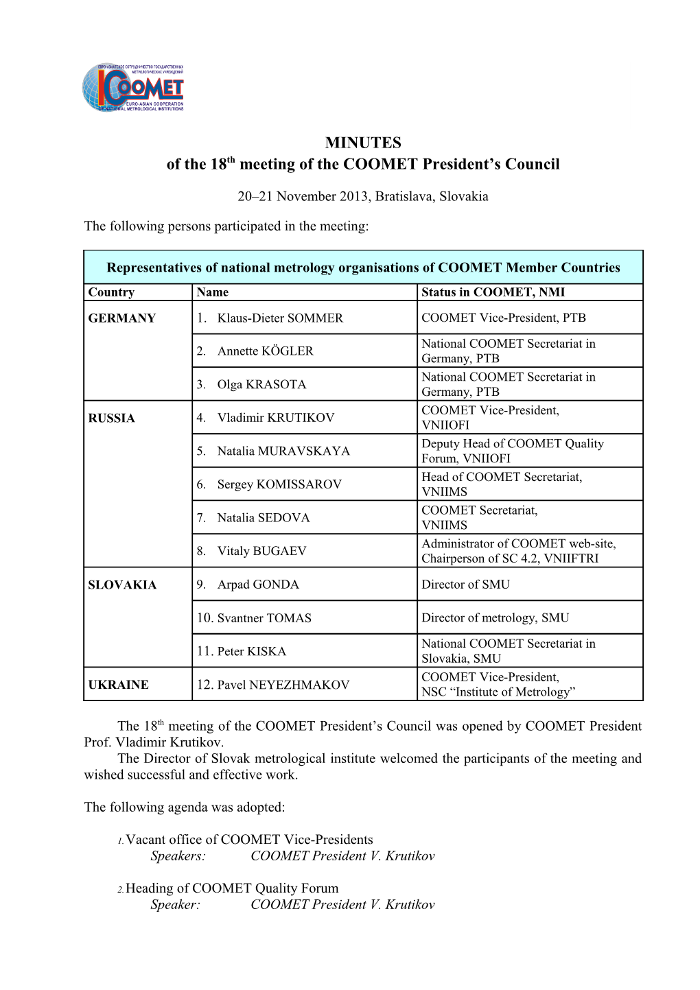 Of the 18Thmeeting of the COOMET President S Council