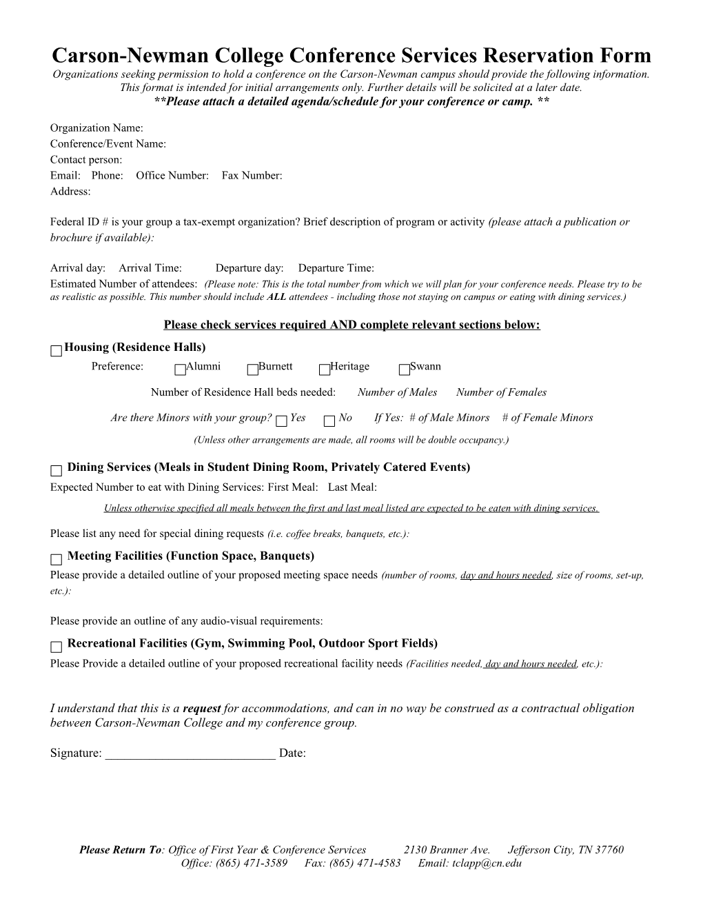 Carson-Newman College Conference Services Reservation Form