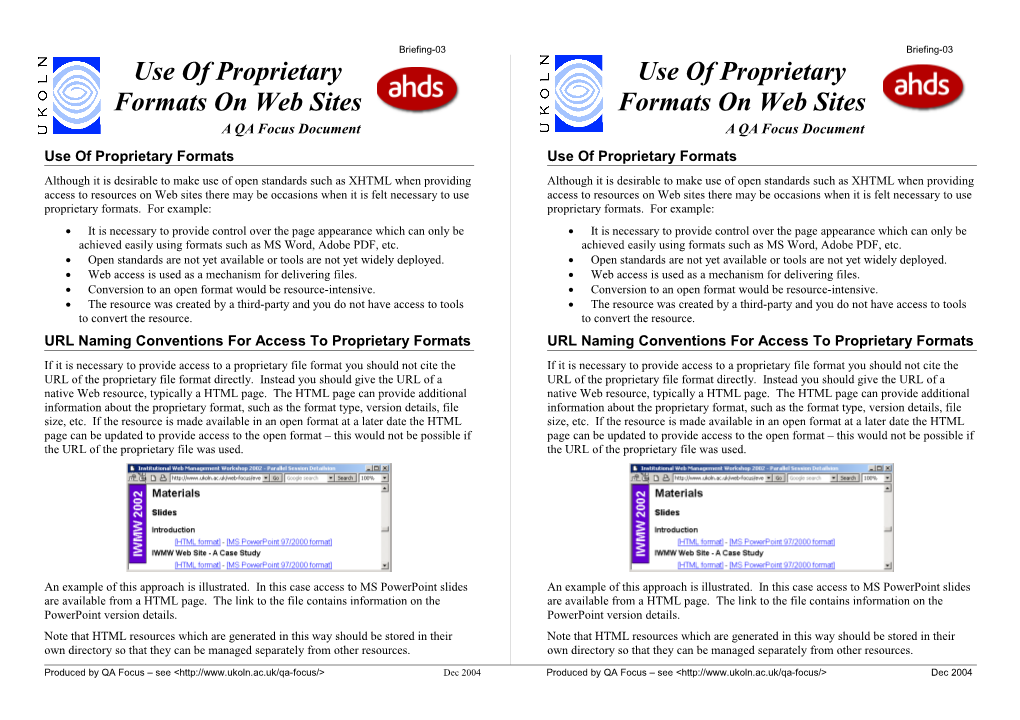 Use of Proprietary Formats on Web Sites