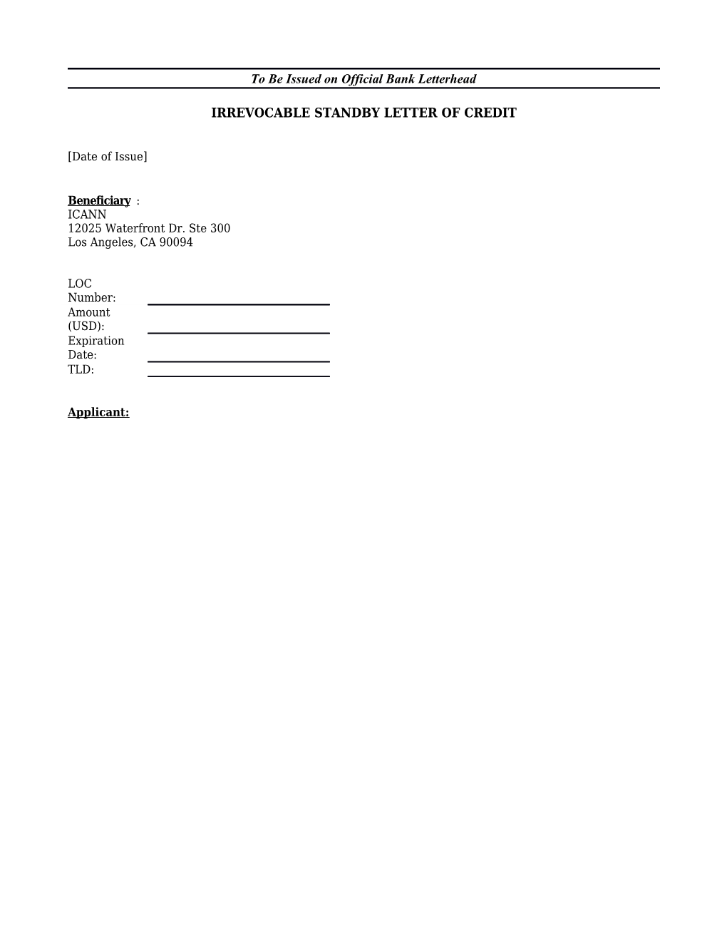 To Be Issued on Official Bank Letterhead