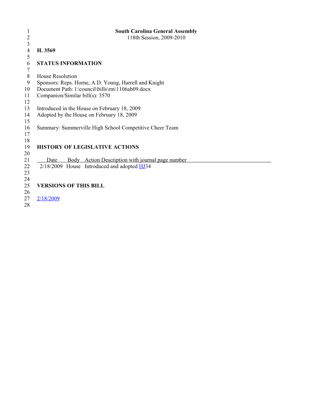 2009-2010 Bill 3569: Summerville High School Competitive Cheer Team - South Carolina Legislature