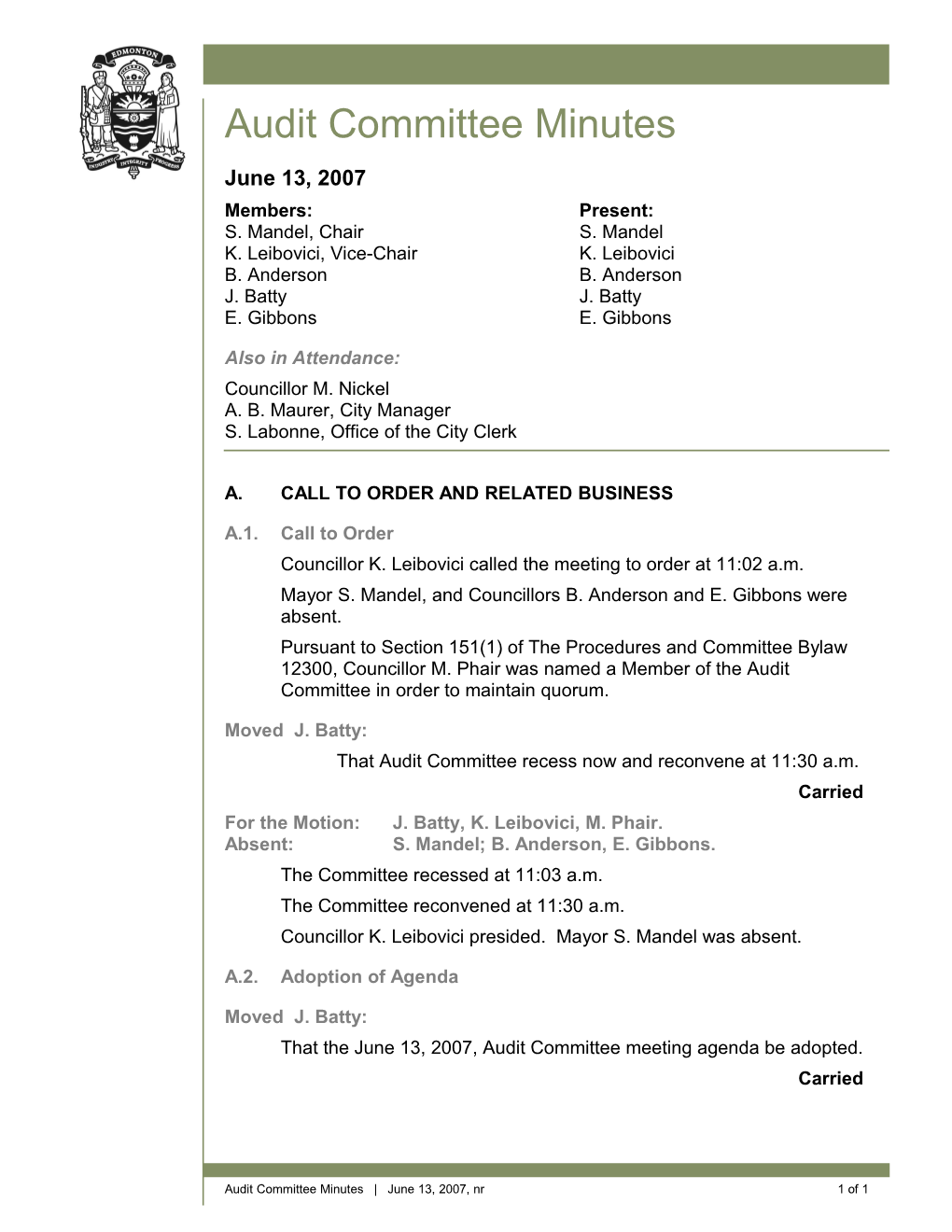 Minutes for Audit Committee June 13, 2007 Meeting