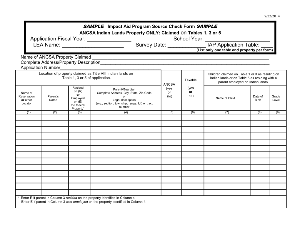 Impact Aid Program Indian Lands Property Claimed Form (MS Word)