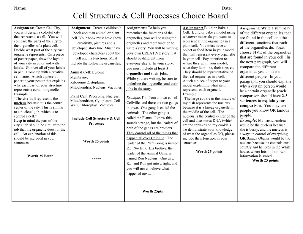 Cell Structure & Cell Processeschoice Board