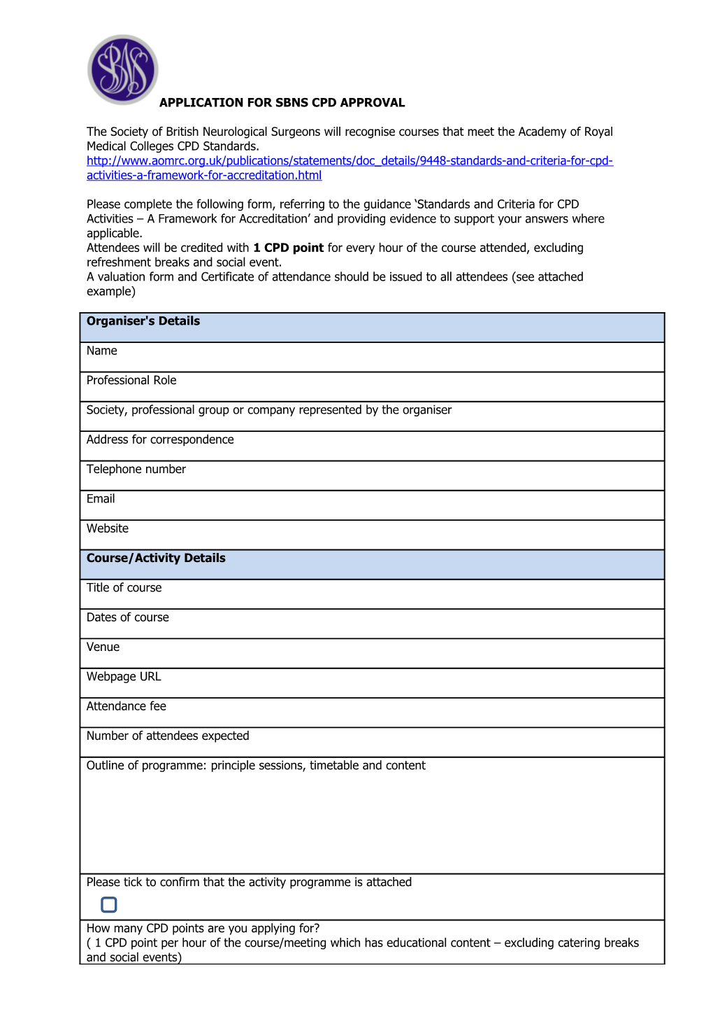 Application for Sbns Cpd Approval