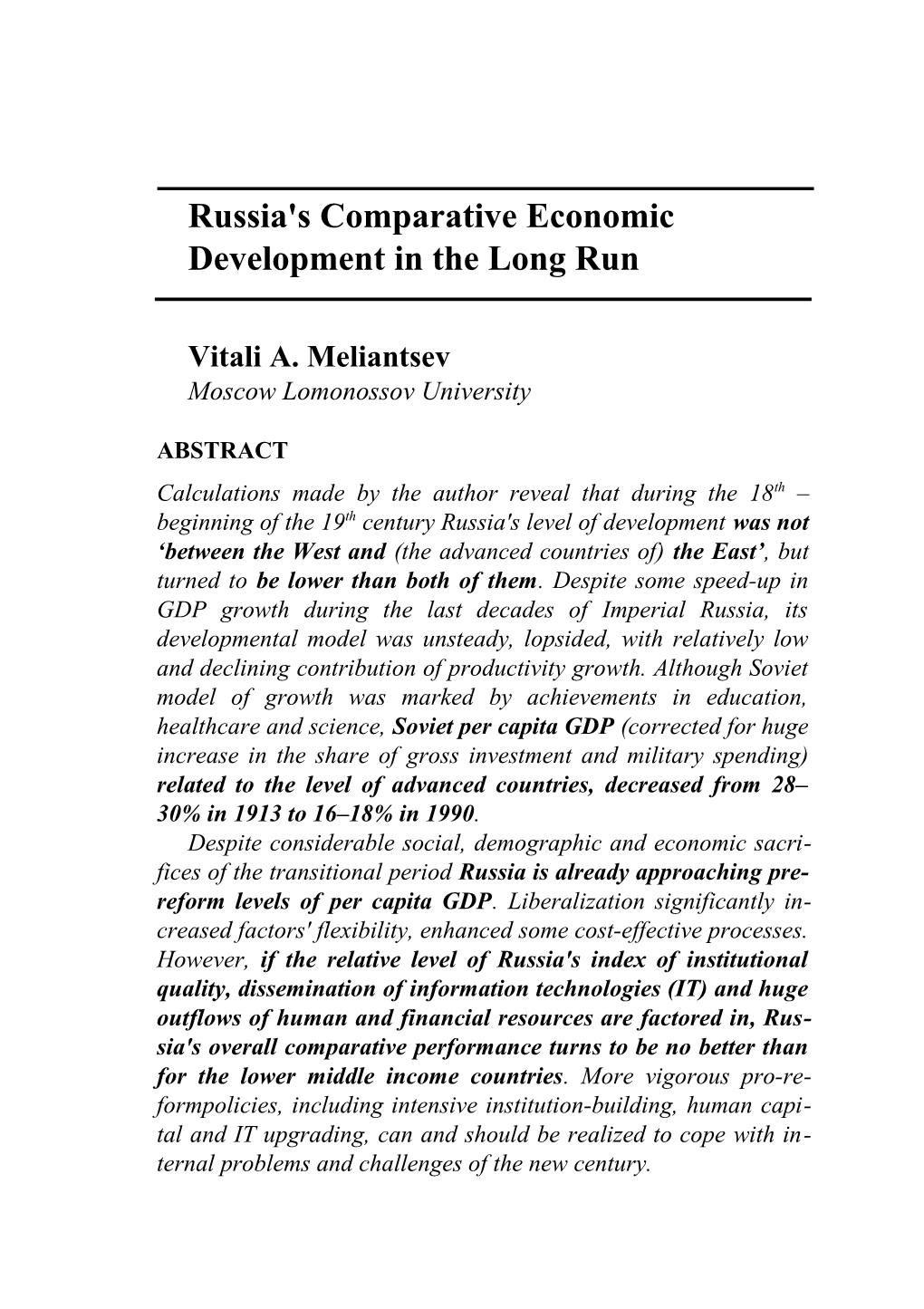 Meliantsev / Russia's Comparative Economic Development in the Long Run