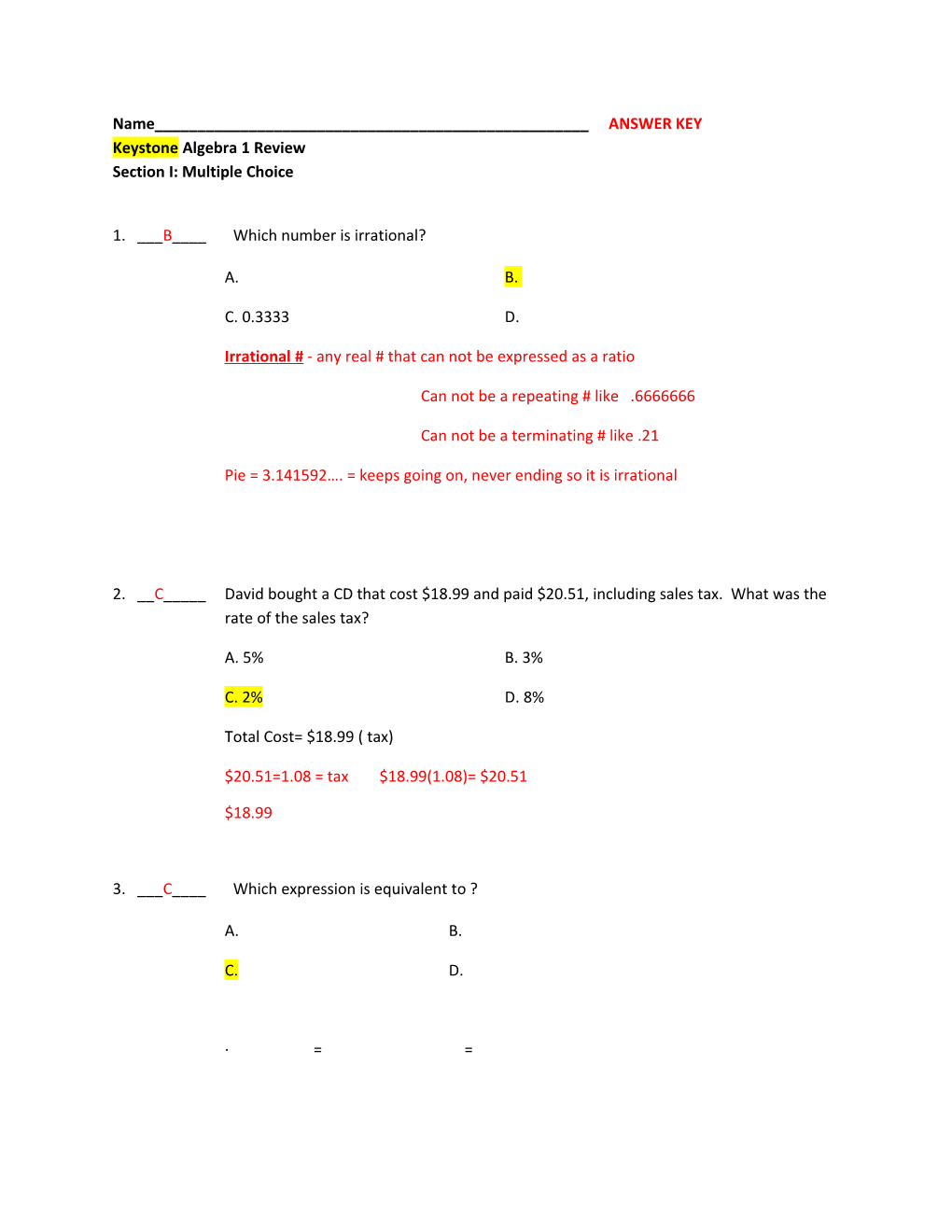 Keystone Algebra 1 Review