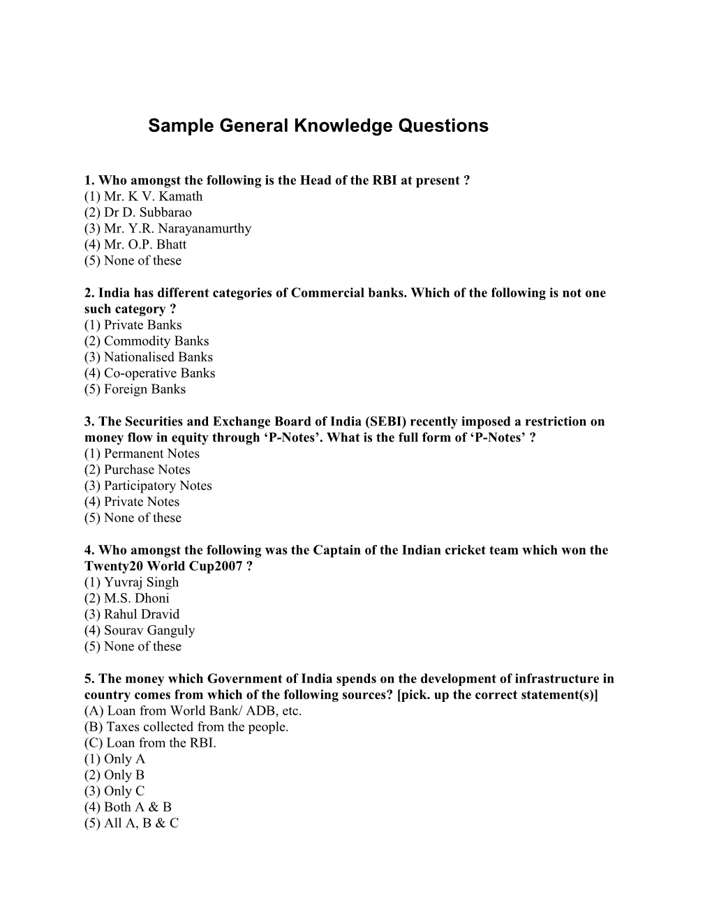 Sample General Knowledge Questions