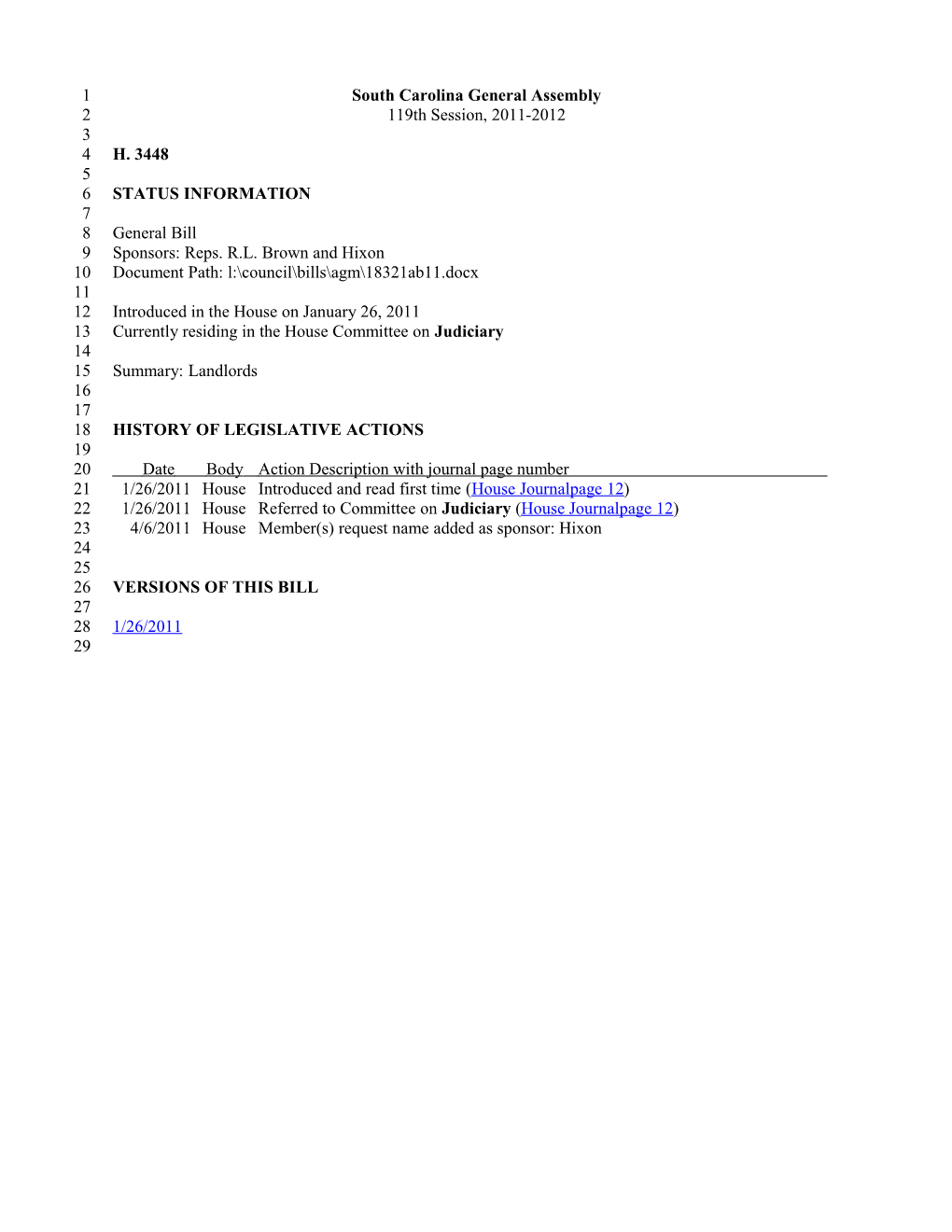 2011-2012 Bill 3448: Landlords - South Carolina Legislature Online