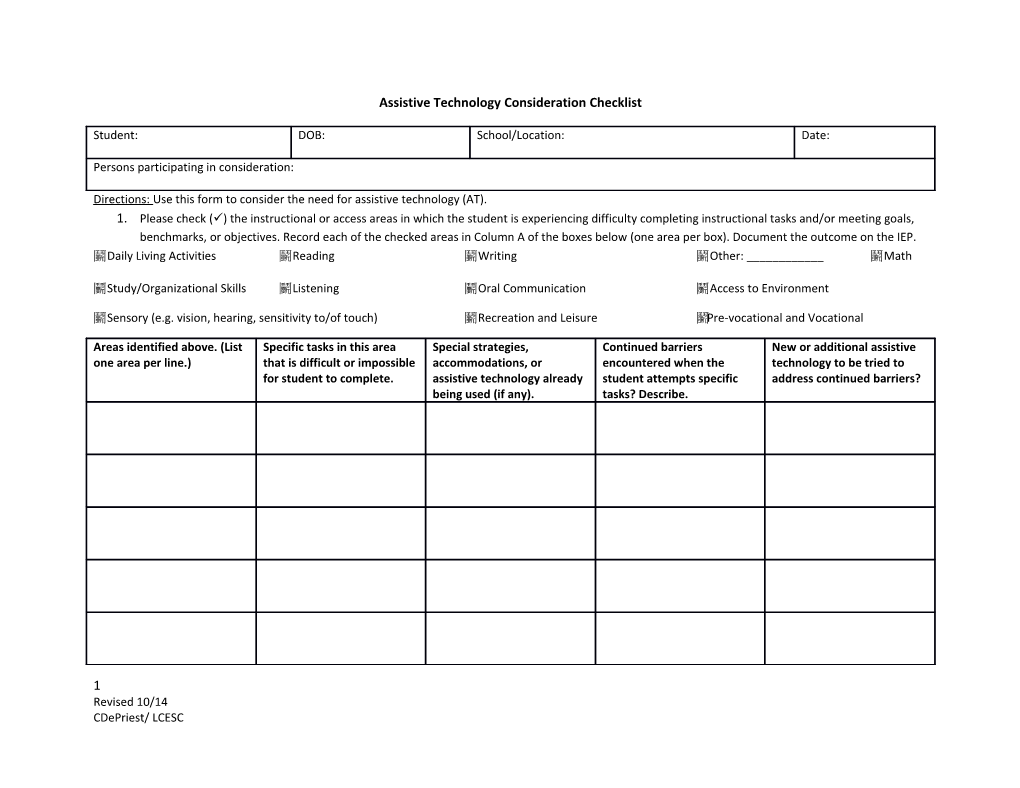 Assistive Technology Consideration Checklist