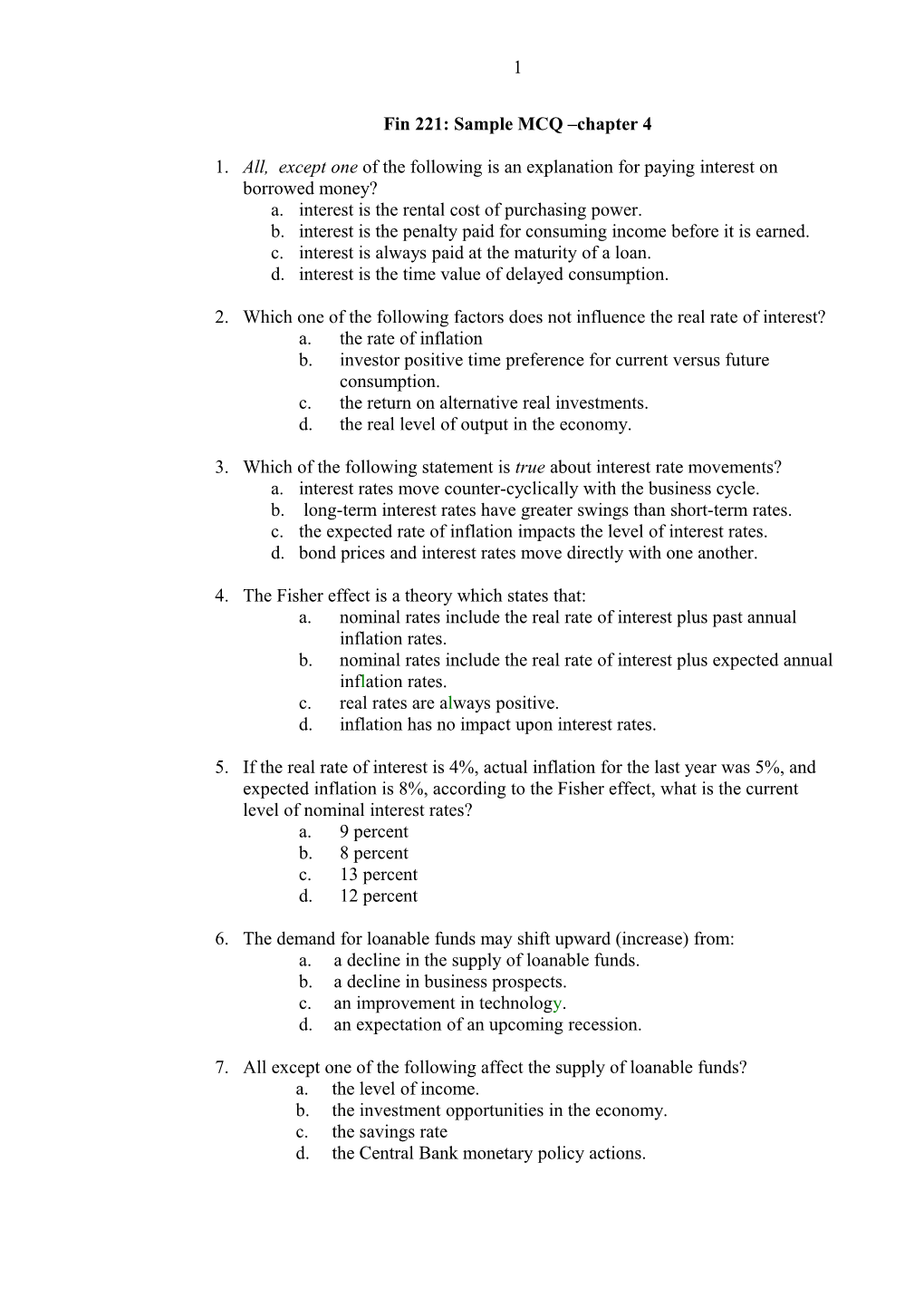 Fin 221: Sample MCQ Chapter 4