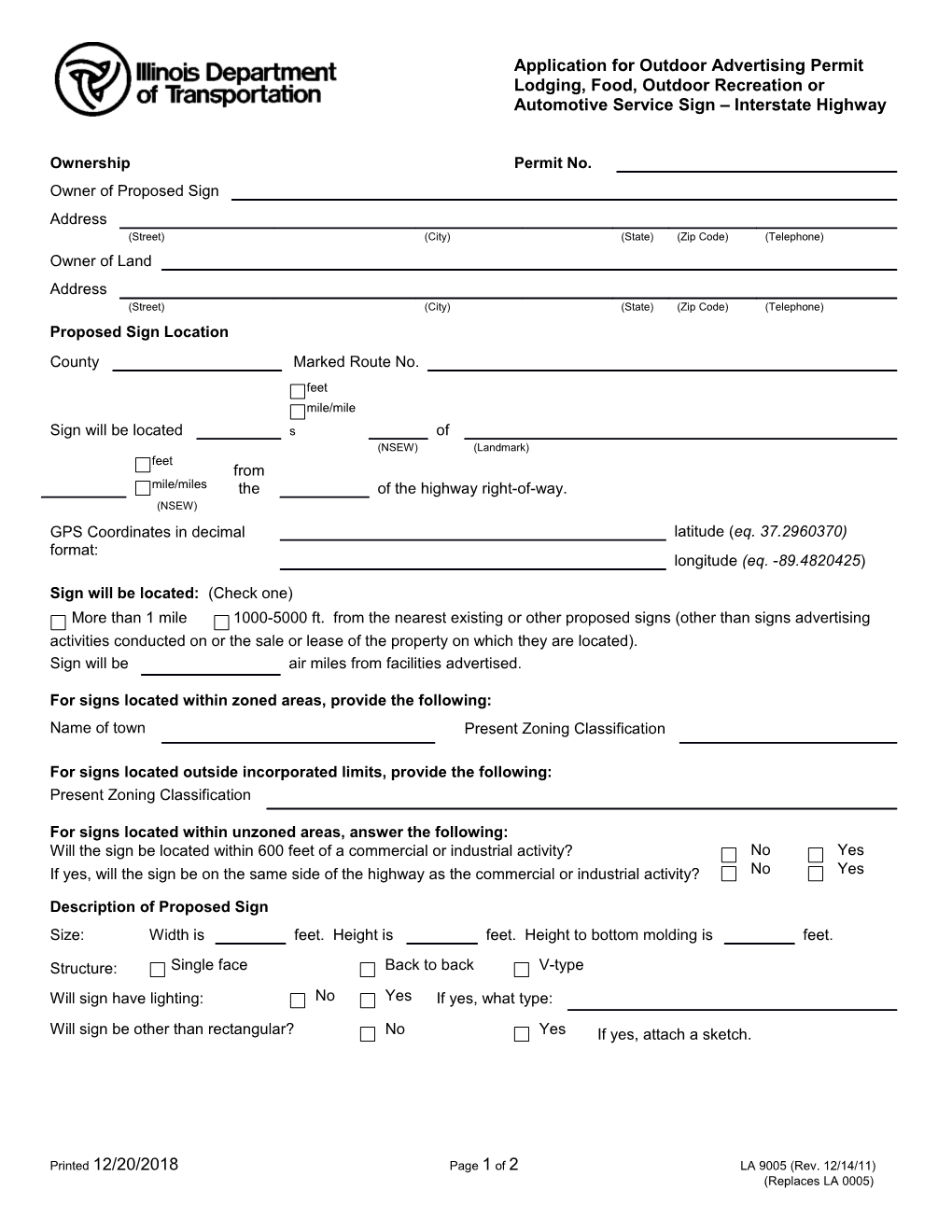 Application for Outdoor Advertising Permit (Business Area Sign - Primary Highway)