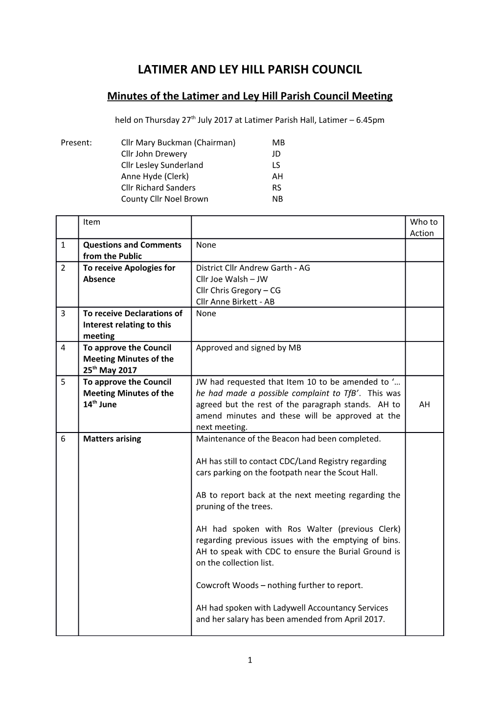 Minutes of the Latimer and Ley Hill Parish Council Meeting