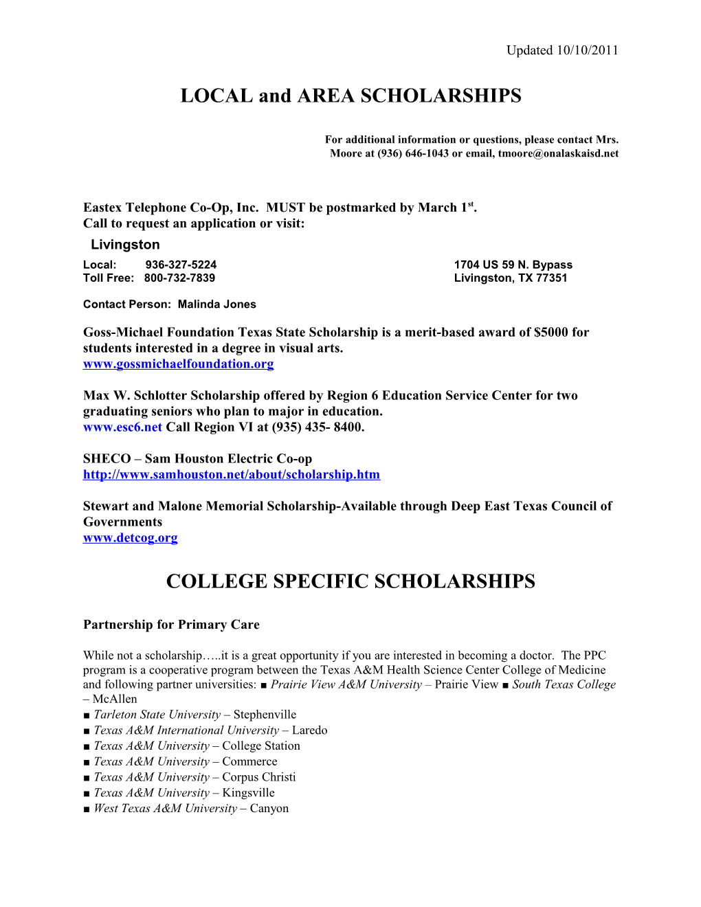 LOCAL and AREA SCHOLARSHIPS