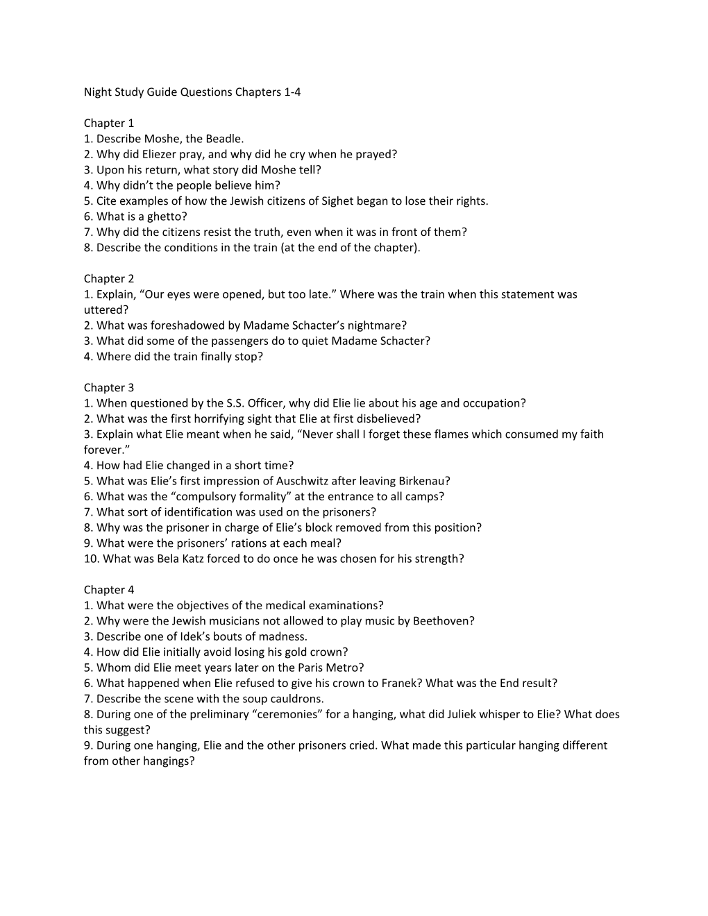 Night Study Guide Questions Chapters 1-4
