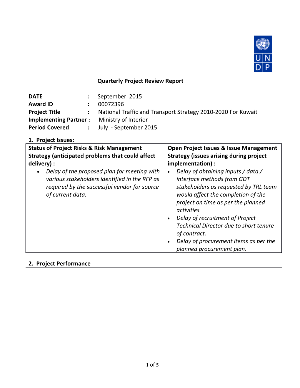 Quarterly Project Review Report