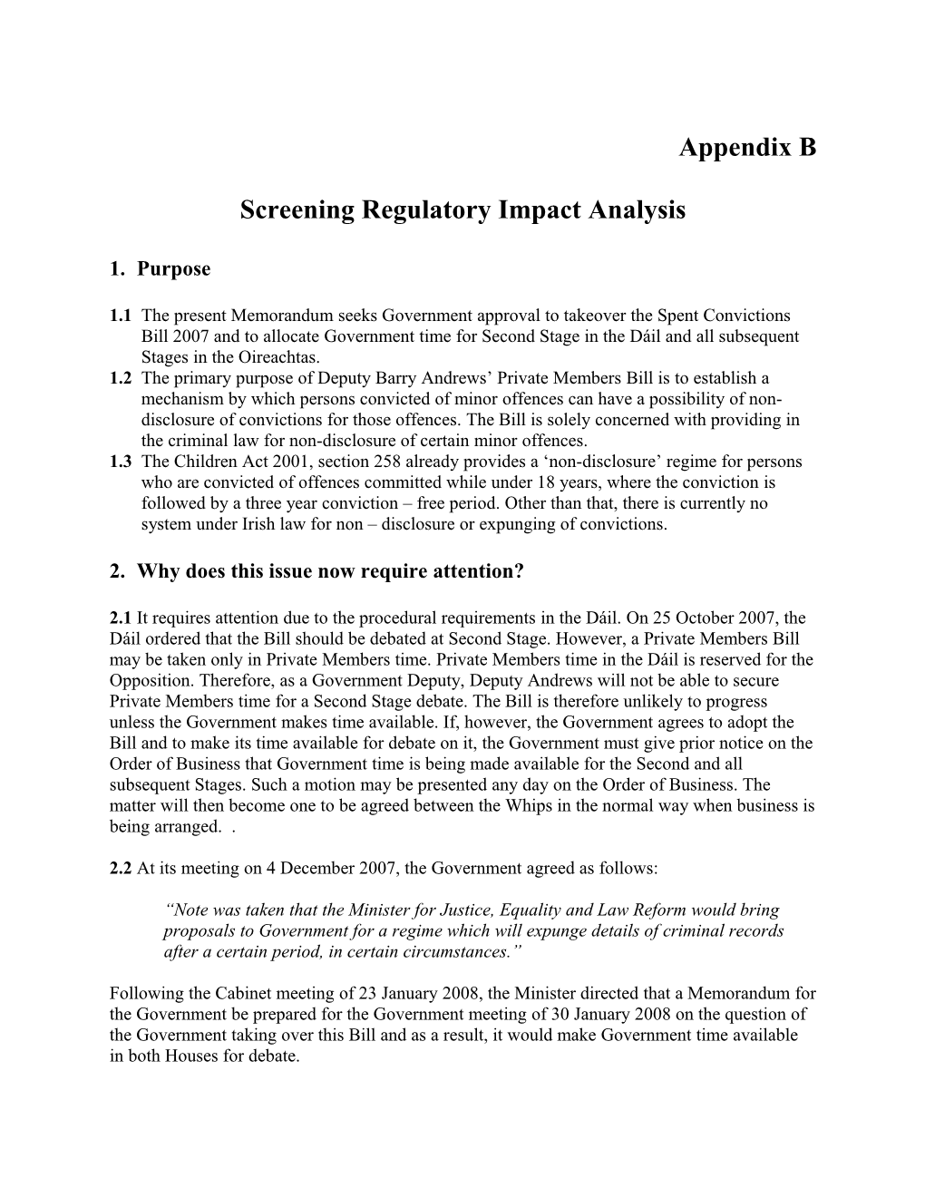 Screening Regulatory Impact Analysis