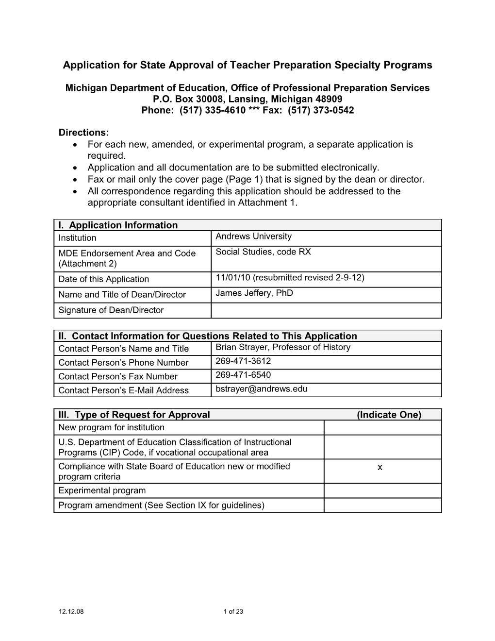 Application for State Approval of Teacher Preparation Specialty Programs