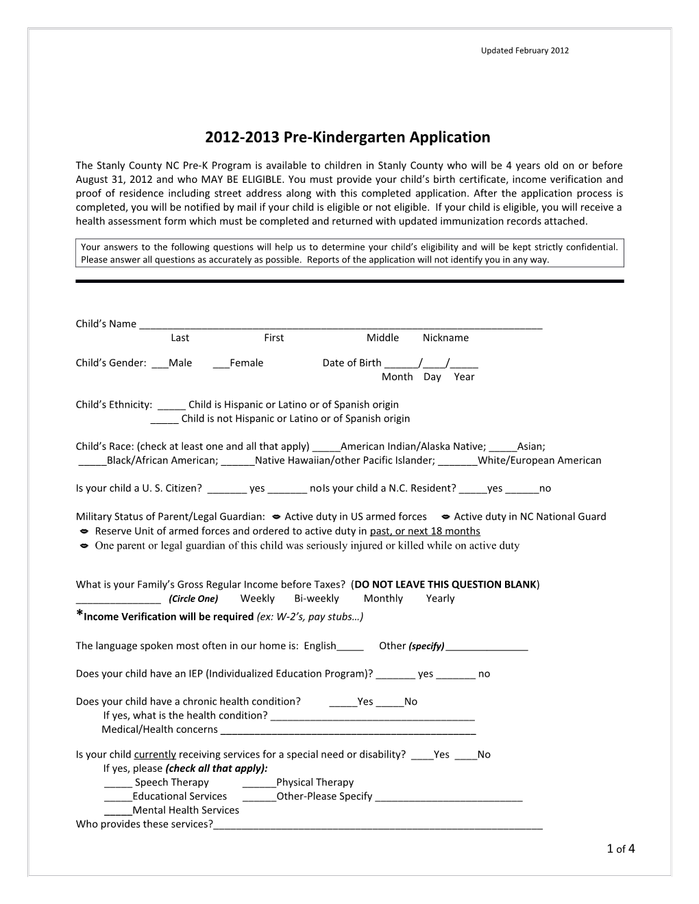 Pre-Kindergarten Application